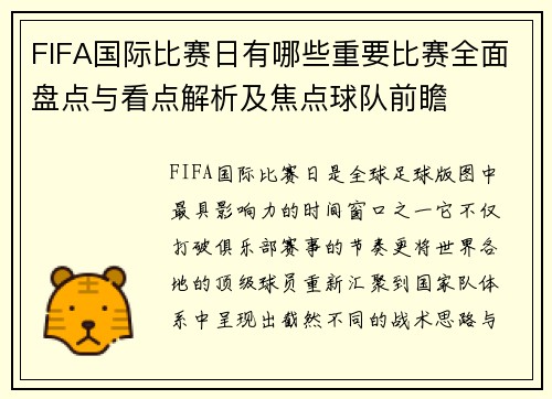 FIFA国际比赛日有哪些重要比赛全面盘点与看点解析及焦点球队前瞻
