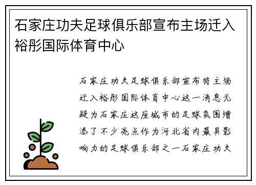 石家庄功夫足球俱乐部宣布主场迁入裕彤国际体育中心